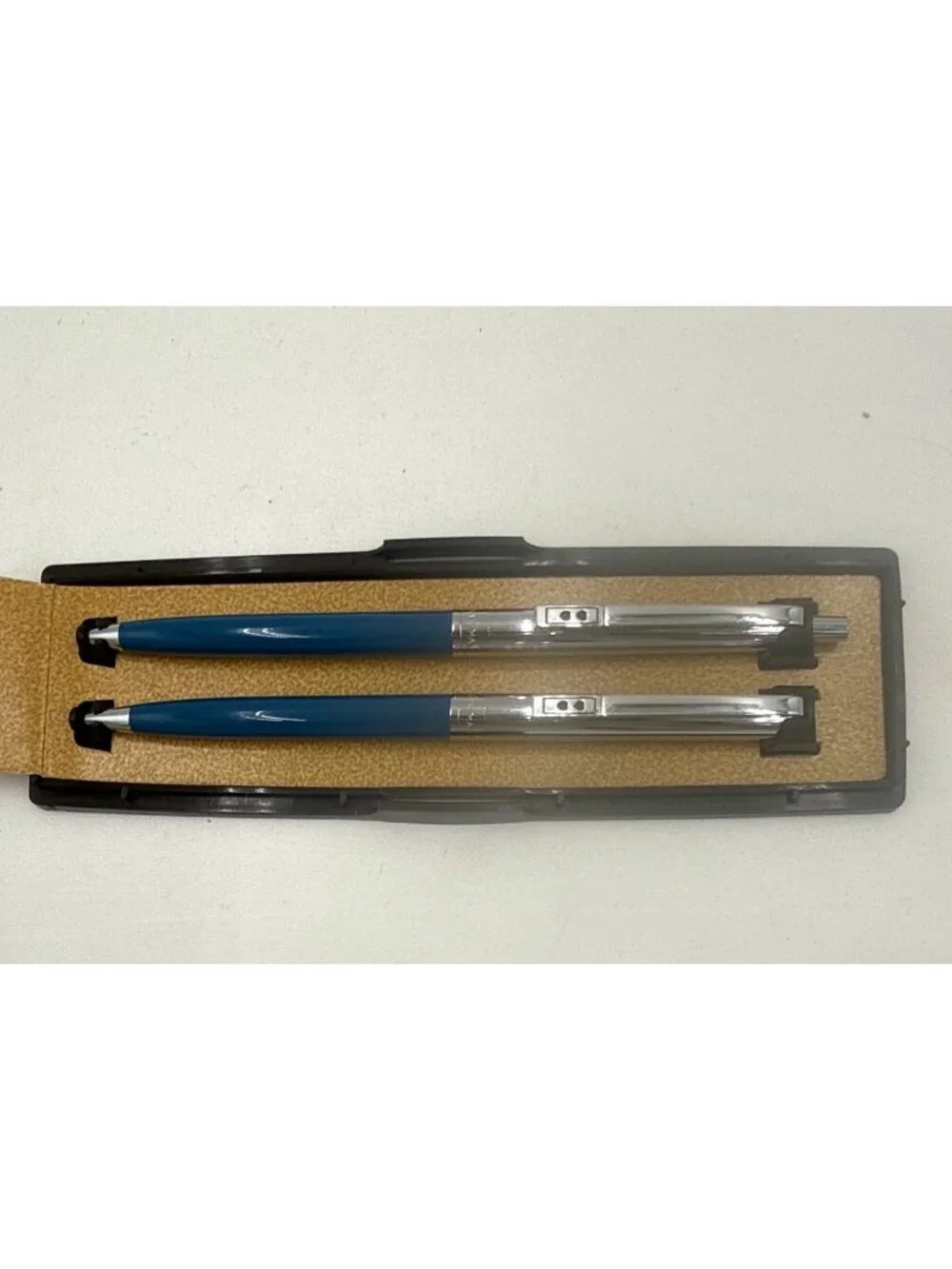 Vtg Paper Mate Double Heart Ballpoint Pen/Pencil Set Blue Barrels & Chrome Trim